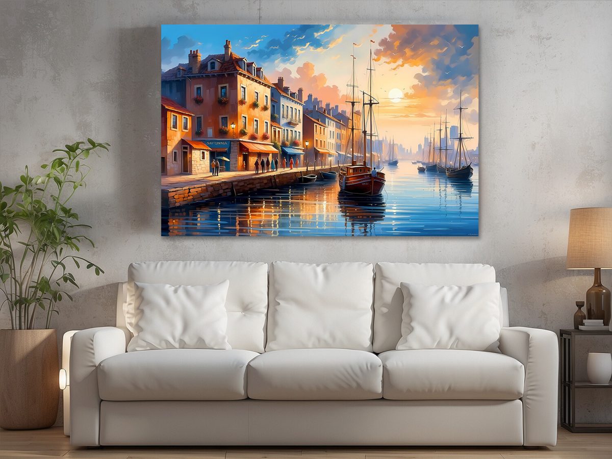 Hafen im Sonnenuntergang– wie Ölgemälde, Digital Art, KI Art
