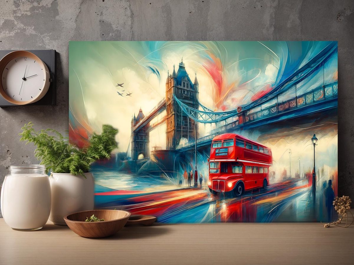 Lebendiges London, Tower Bridge, London Bus, Digital Art, KI Art