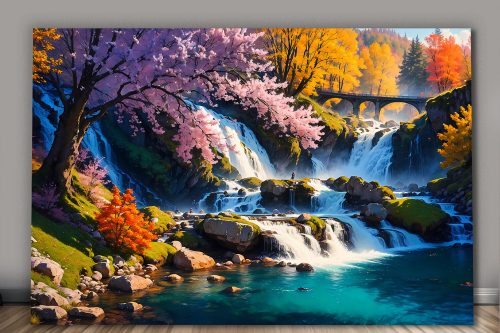 Herbstliche Harmonie –Wasserfall wie Ölgemälde, Digital Art, KI Art