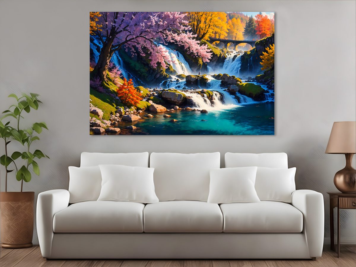 Herbstliche Harmonie –Wasserfall wie Ölgemälde, Digital Art, KI Art