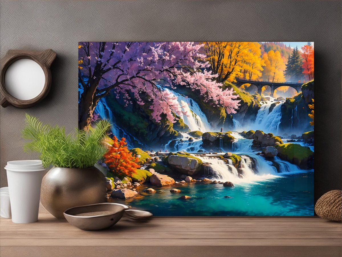 Herbstliche Harmonie –Wasserfall wie Ölgemälde, Digital Art, KI Art