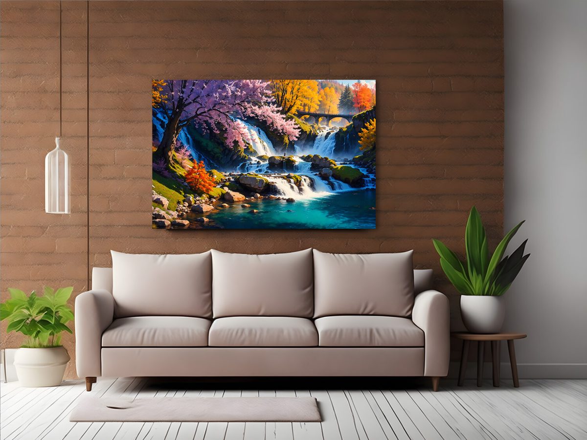 Herbstliche Harmonie –Wasserfall wie Ölgemälde, Digital Art, KI Art