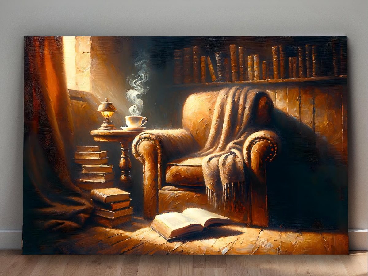 57-460.jpg Lesepause im gemütlichen Sessel mit Tee und Buch, Digital Art, KI