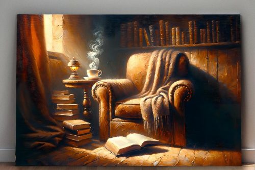 57-460.jpg Lesepause im gemütlichen Sessel mit Tee und Buch, Digital Art, KI