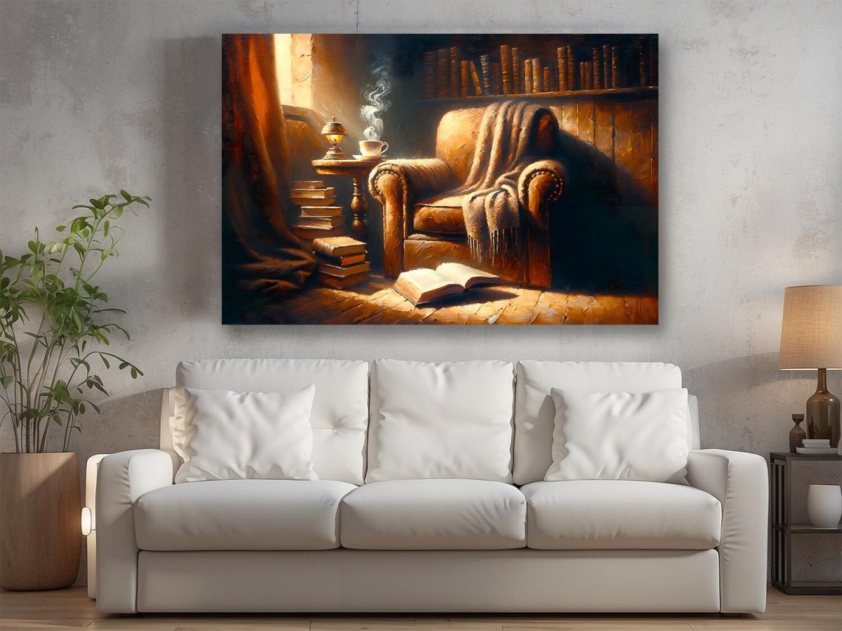 57-461.jpg Lesepause im gemütlichen Sessel mit Tee und Buch, Digital Art, KI