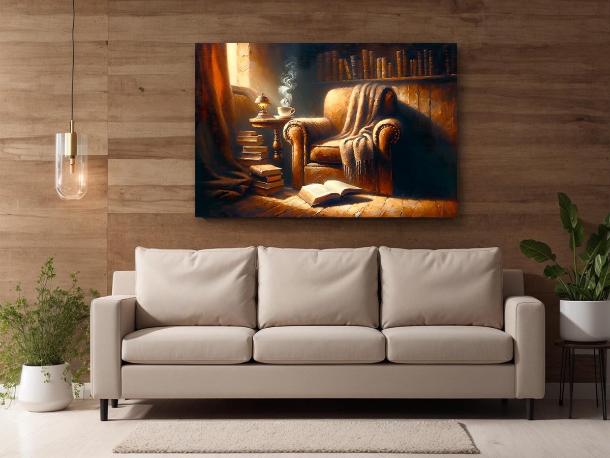 57-463.jpg Lesepause im gemütlichen Sessel mit Tee und Buch, Digital Art, KI