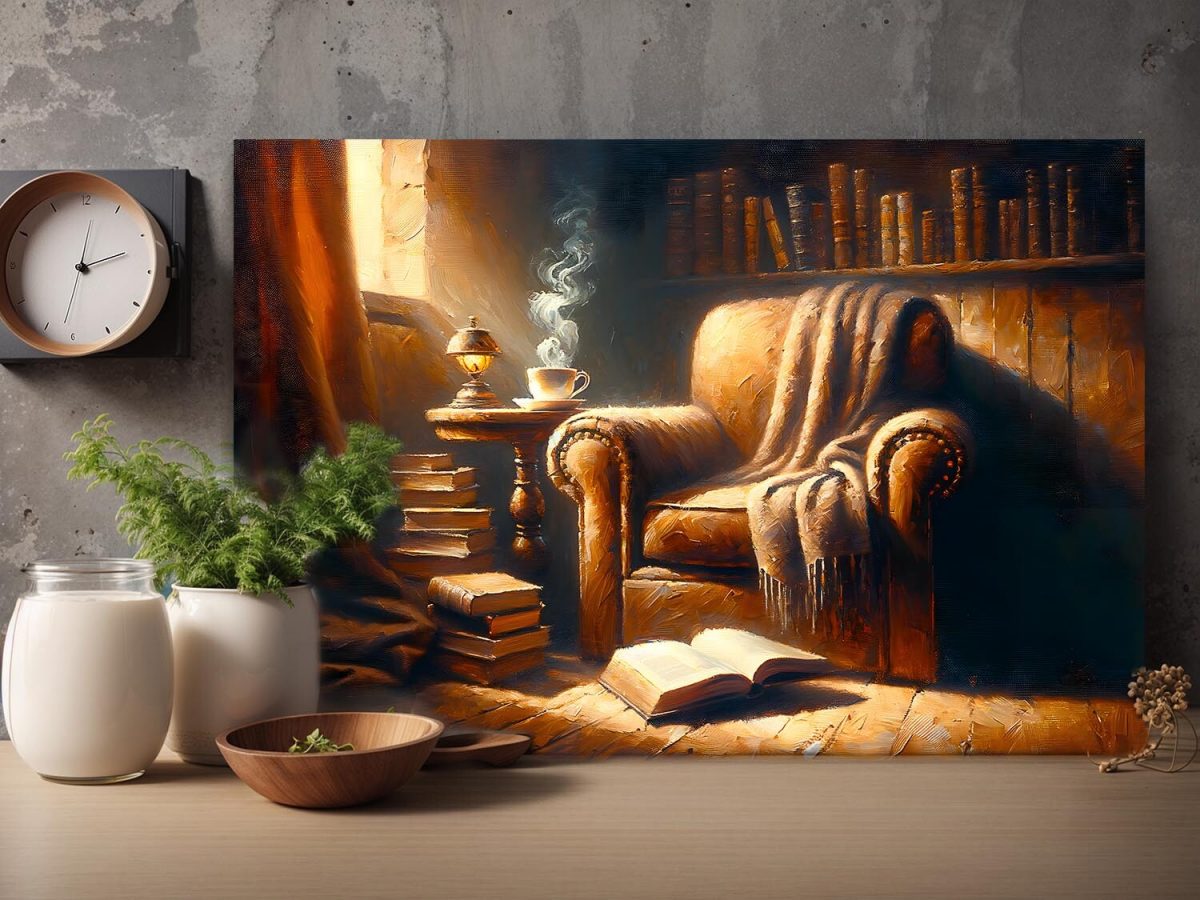 57-464.jpg Lesepause im gemütlichen Sessel mit Tee und Buch, Digital Art, KI