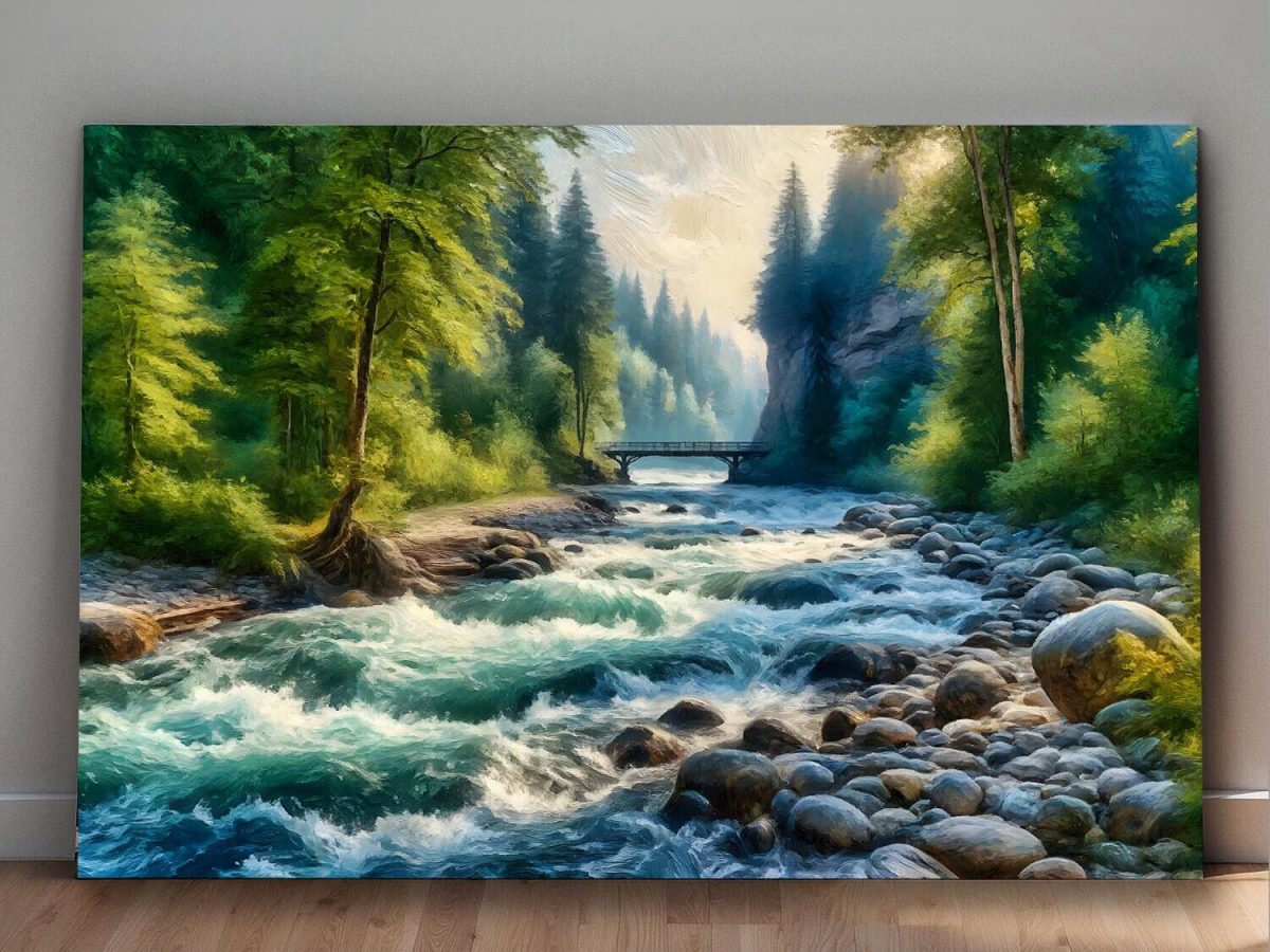 Flusslandschaft mit Brücke und Bäumen – Leinwanddruck, Digital Art, KI Art