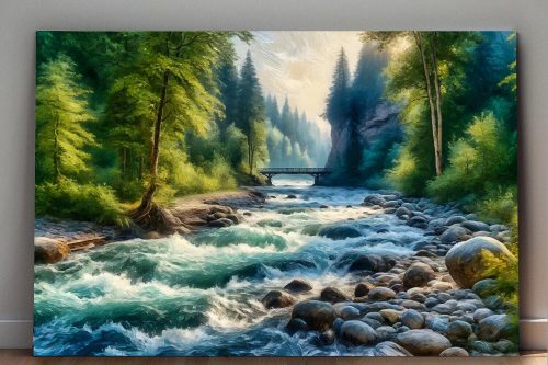 Flusslandschaft mit Brücke und Bäumen – Leinwanddruck, Digital Art, KI Art