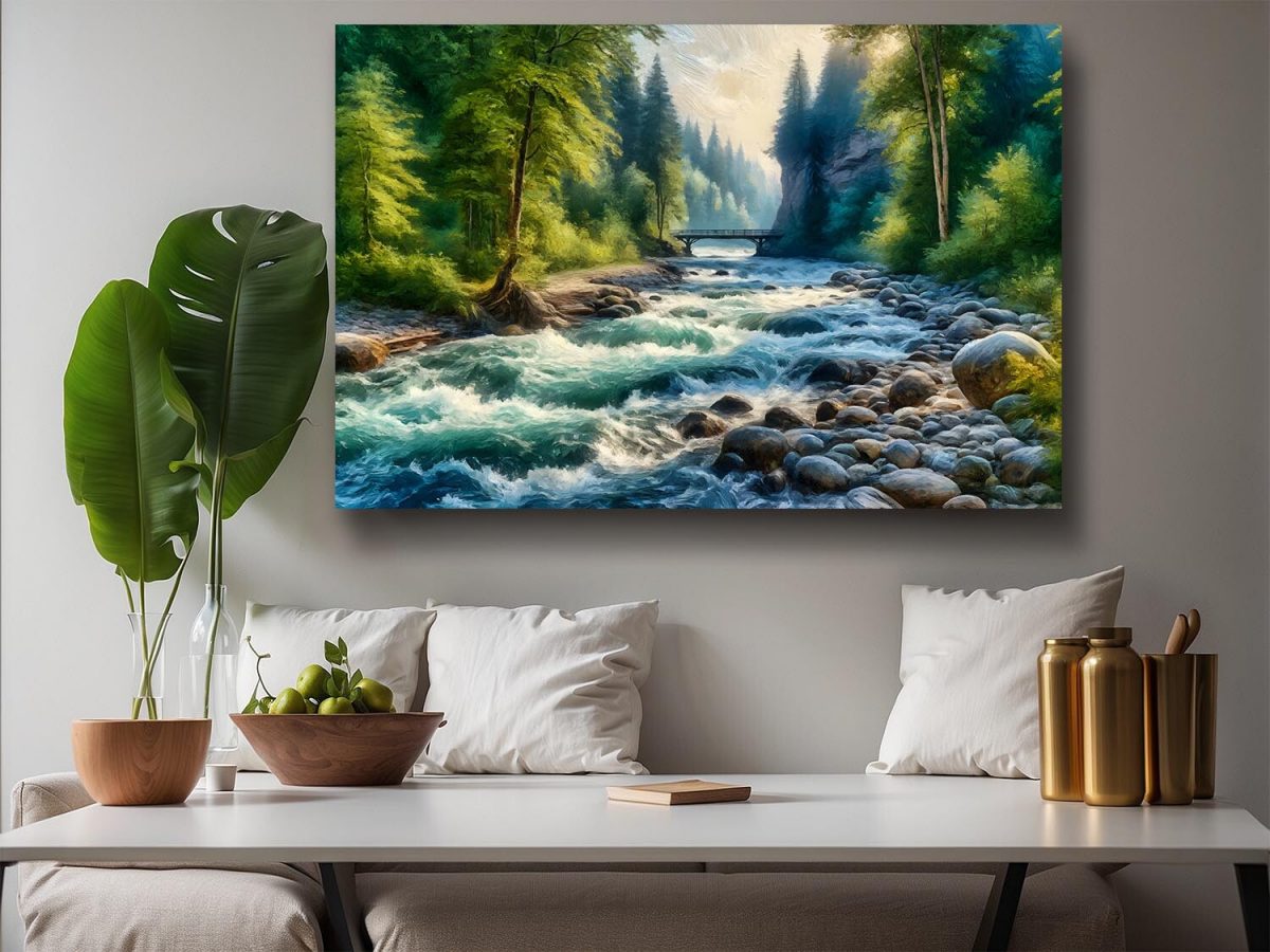 Flusslandschaft mit Brücke und Bäumen – Leinwanddruck, Digital Art, KI Art