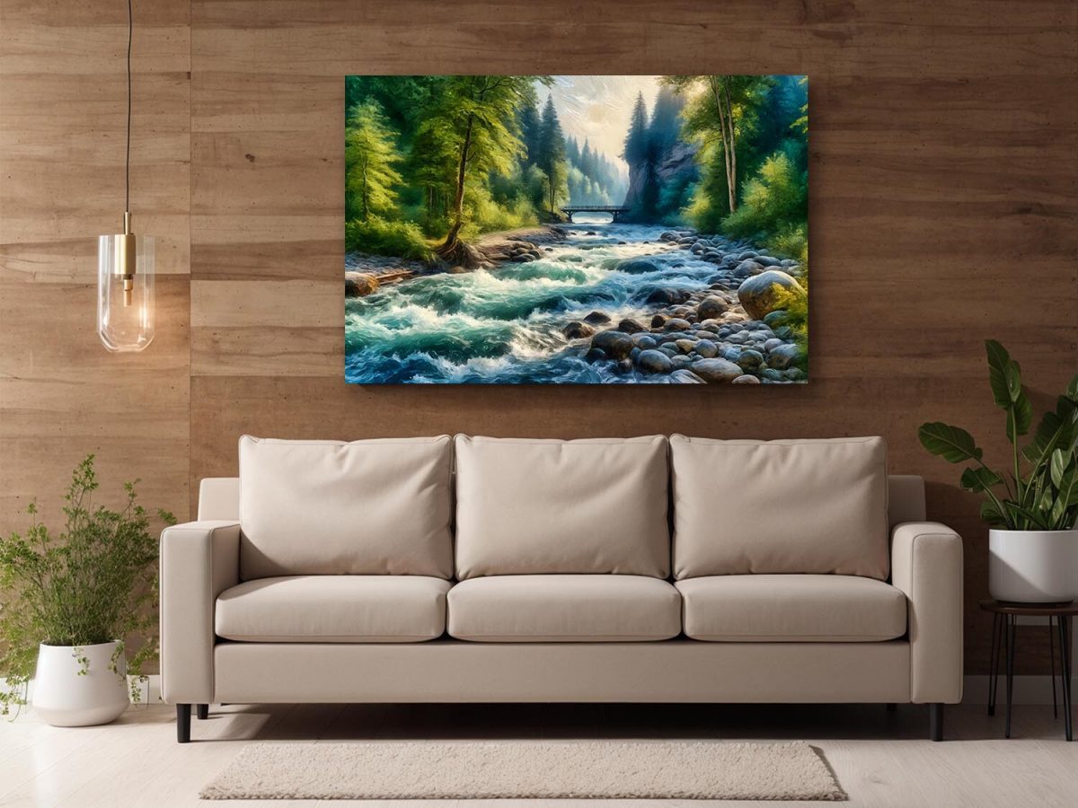 Flusslandschaft mit Brücke und Bäumen – Leinwanddruck, Digital Art, KI Art