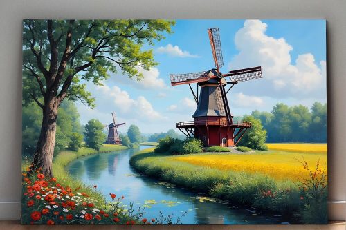 Windmühle am Fluss in idyllischer Landschaft, Digital Art, KI Art