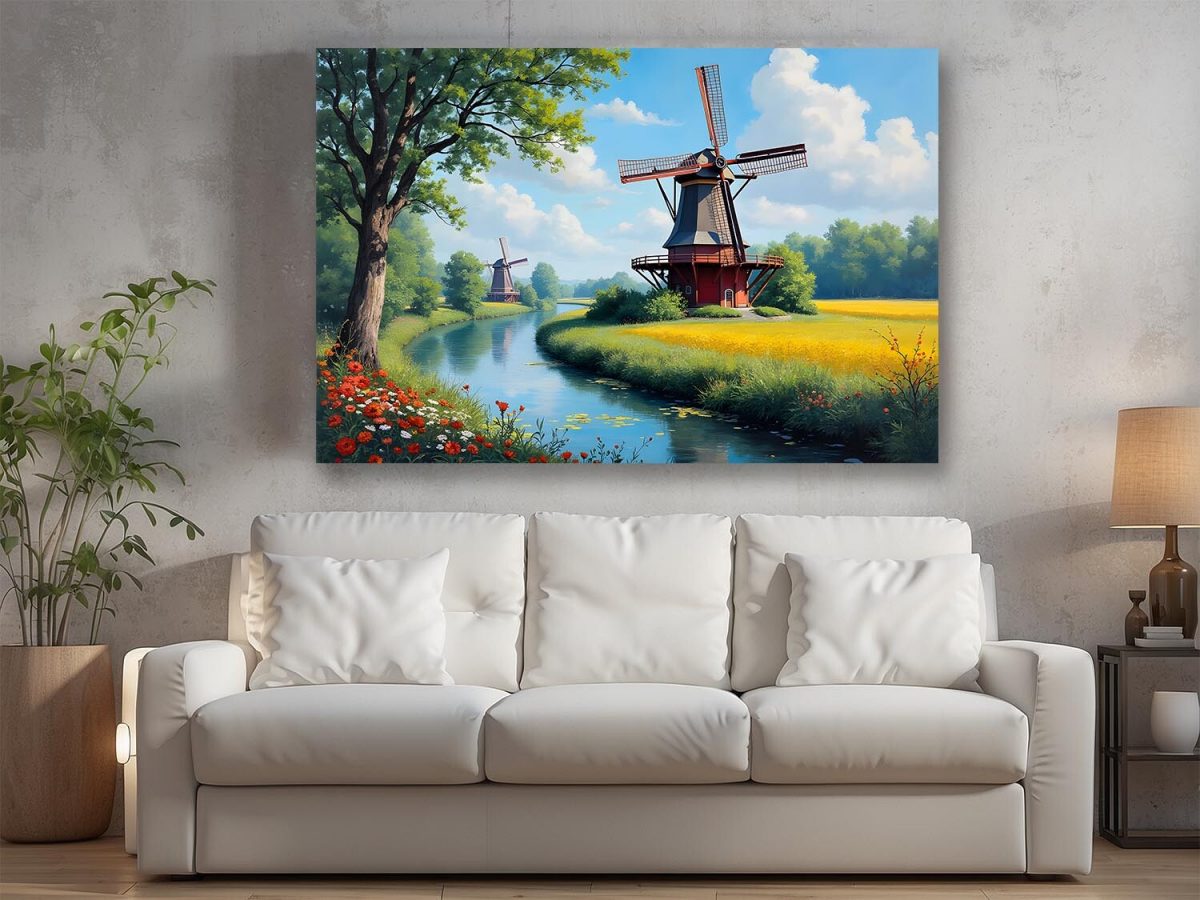 Windmühle am Fluss in idyllischer Landschaft, Digital Art, KI Art