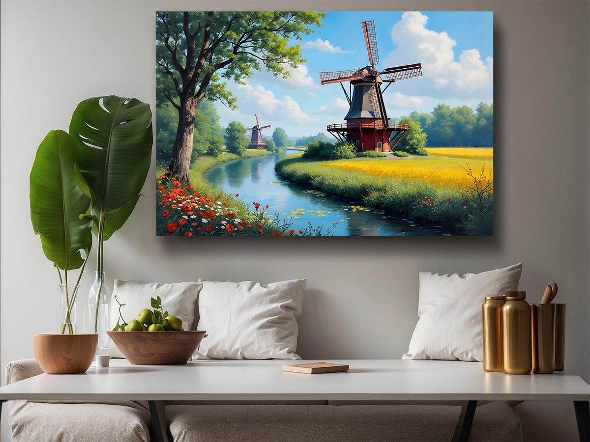 Windmühle am Fluss in idyllischer Landschaft, Digital Art, KI Art