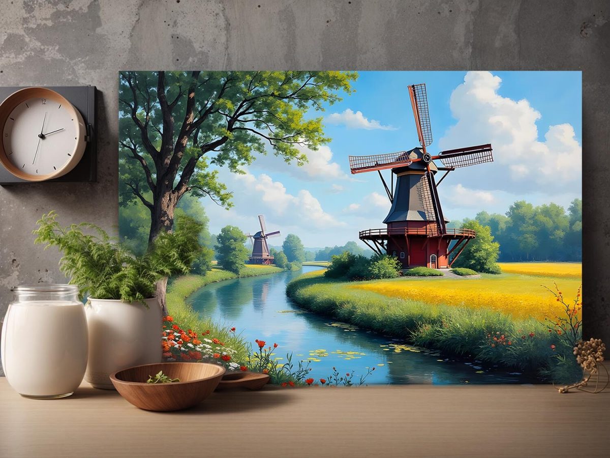 Windmühle am Fluss in idyllischer Landschaft, Digital Art, KI Art