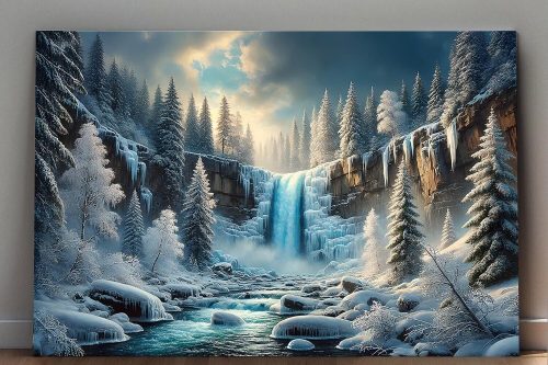 Faszinierende Winterlandschaft mit Wasserfall - Druck auf Leinwand