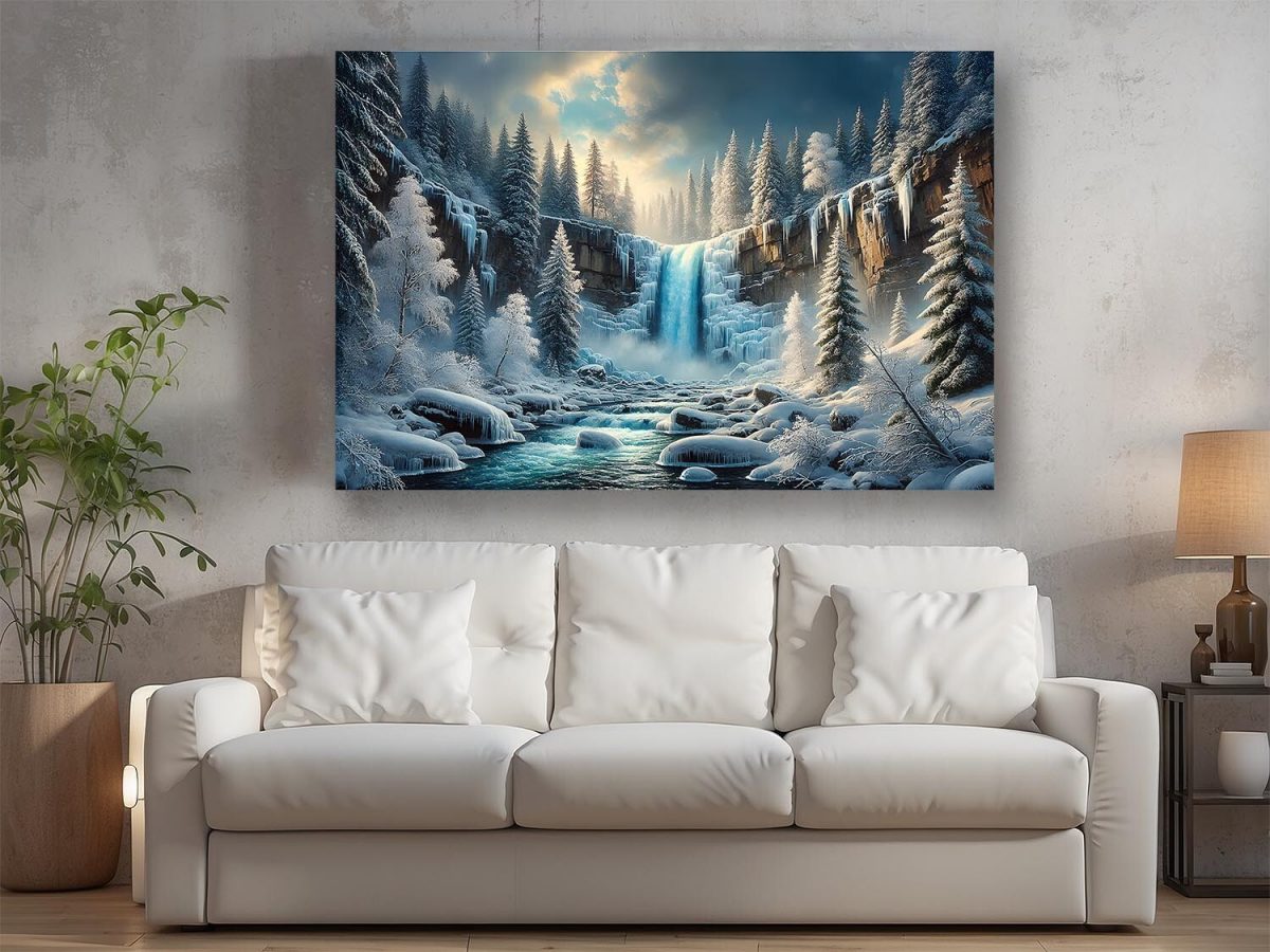 Faszinierende Winterlandschaft mit Wasserfall - Druck auf Leinwand