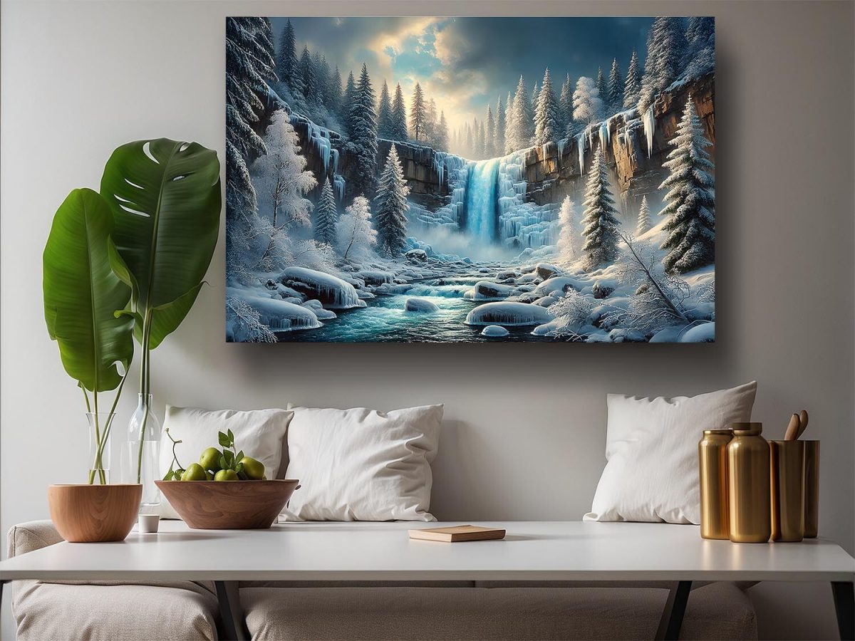 Faszinierende Winterlandschaft mit Wasserfall - Druck auf Leinwand