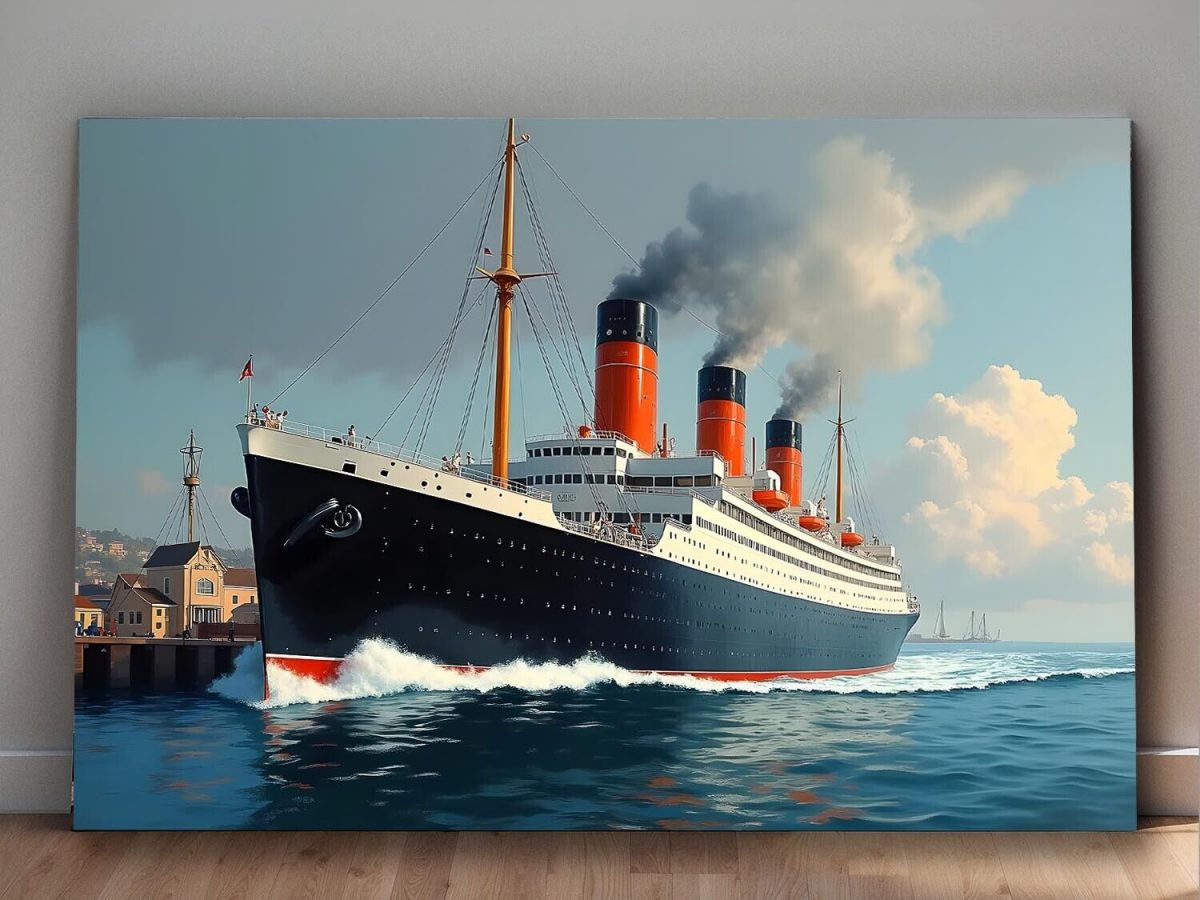 Historischer Ozeandampfer verlässt das Dock , Digital Art, KI Art