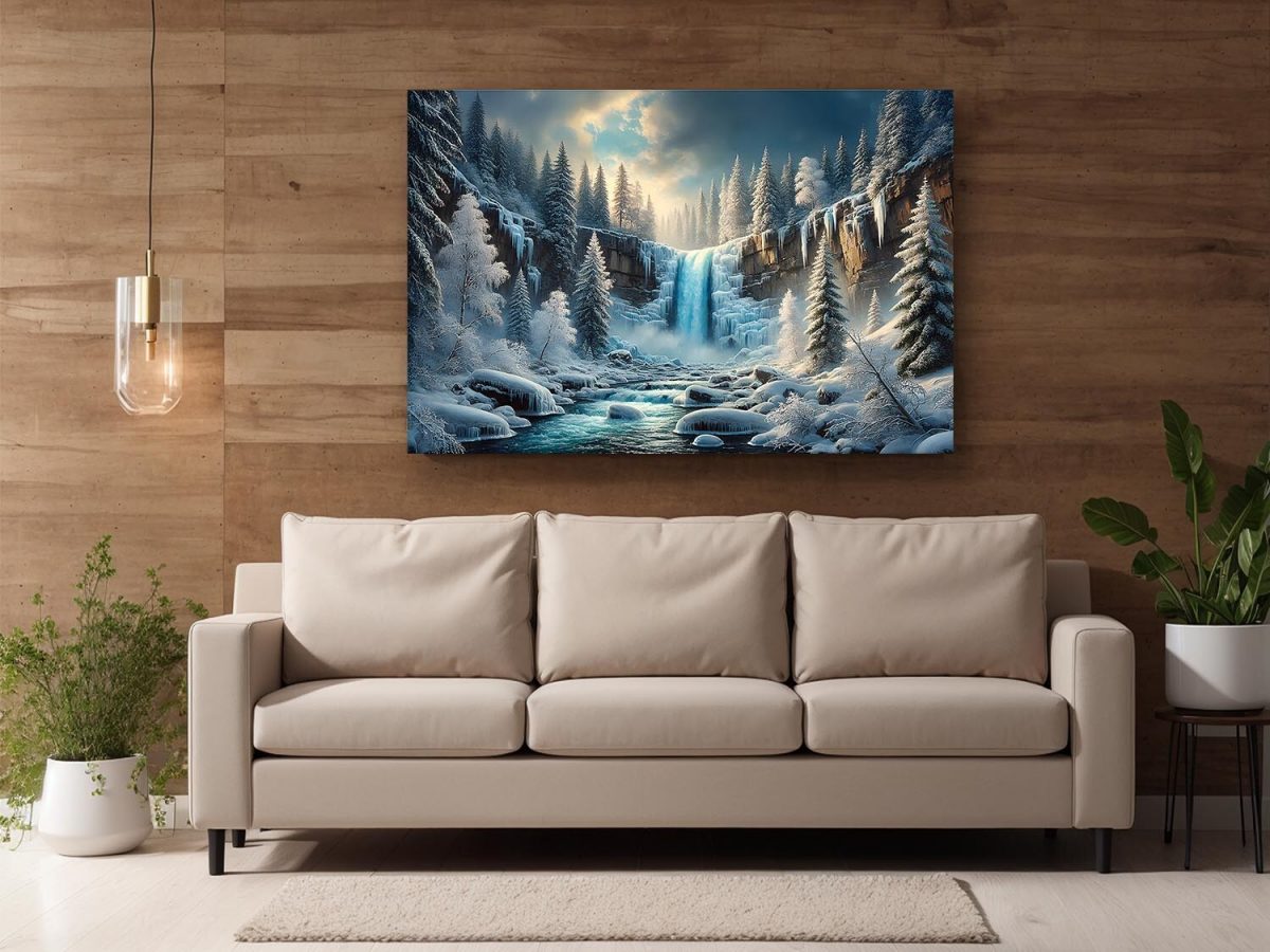 Faszinierende Winterlandschaft mit Wasserfall - Druck auf Leinwand