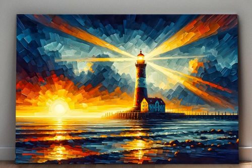 Leuchtturm im Sonnenuntergang – wie Ölgemälde, Digital Art, KI Art