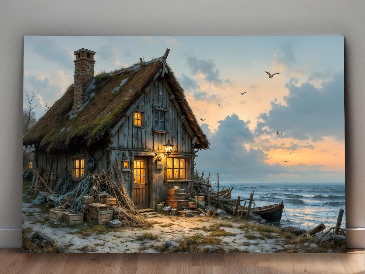 Abendleuchten am Fischerhaus , Druck auf Leinwand,