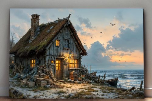 Abendleuchten am Fischerhaus , Druck auf Leinwand,