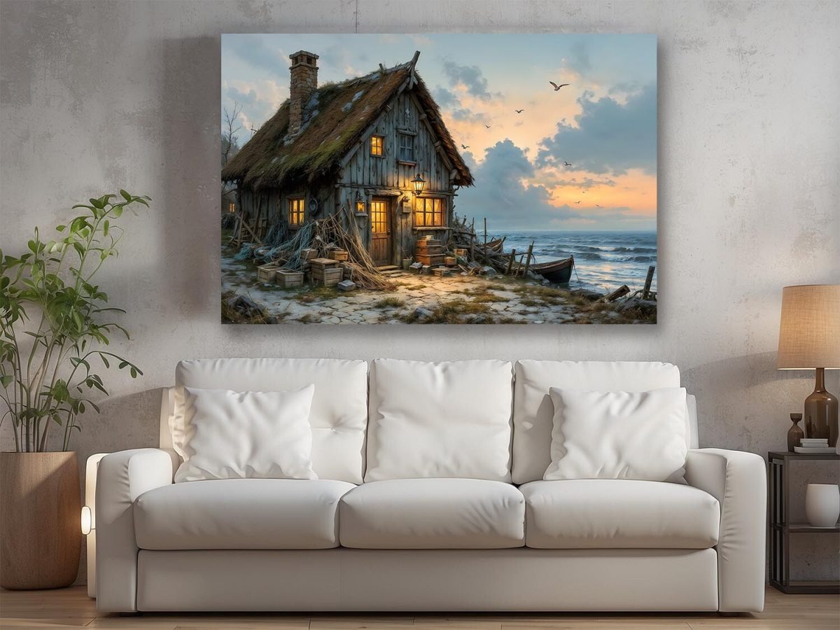 Abendleuchten am Fischerhaus , Druck auf Leinwand,