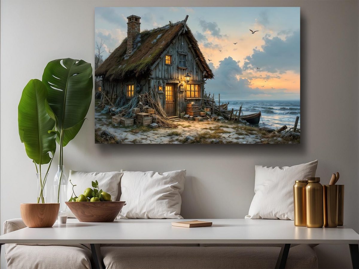 Abendleuchten am Fischerhaus , Druck auf Leinwand,