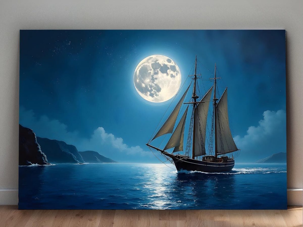 Segelschiff im Mondlicht , Druck auf Leinwand,