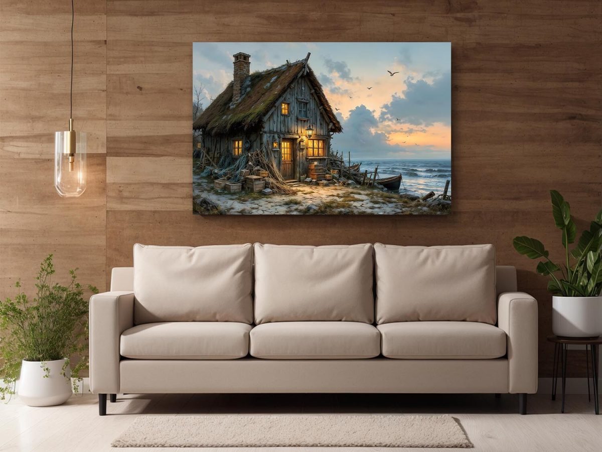 Abendleuchten am Fischerhaus , Druck auf Leinwand,