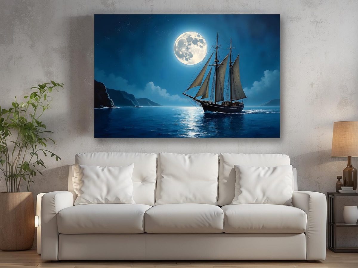 Segelschiff im Mondlicht , Druck auf Leinwand,