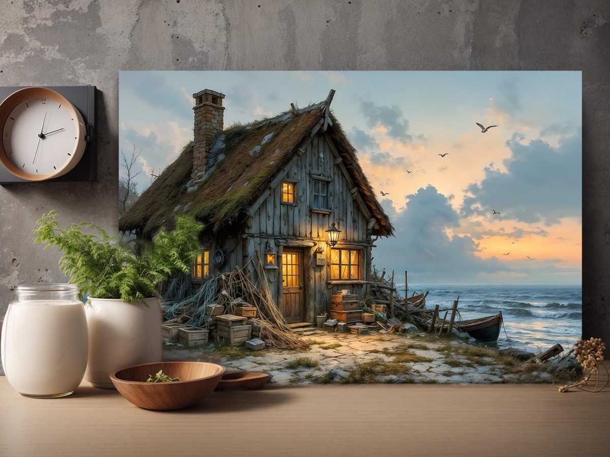 Abendleuchten am Fischerhaus , Druck auf Leinwand,