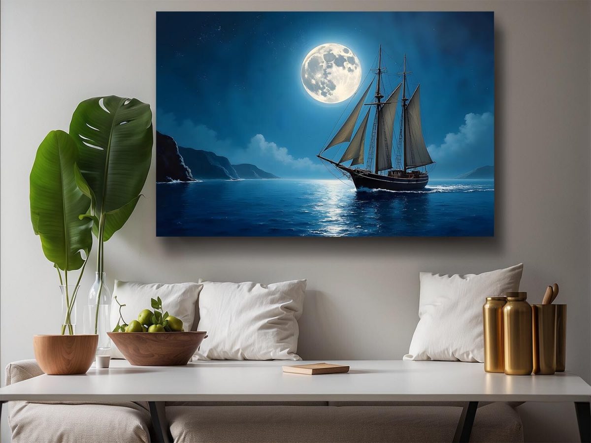Segelschiff im Mondlicht , Druck auf Leinwand,