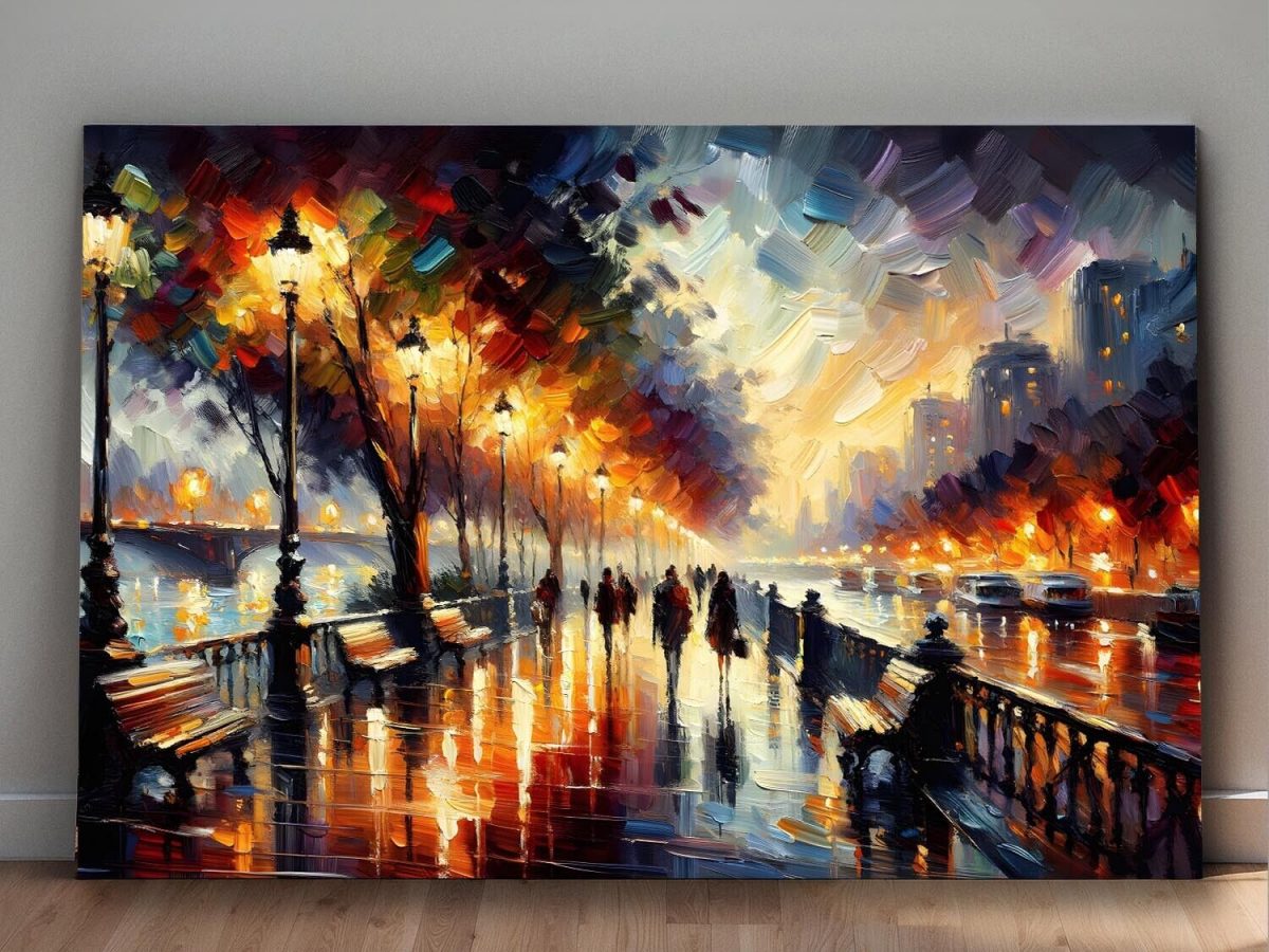 Belebte Uferpromenade bei Nacht – wie Ölgemälde, Digital Art, KI Art