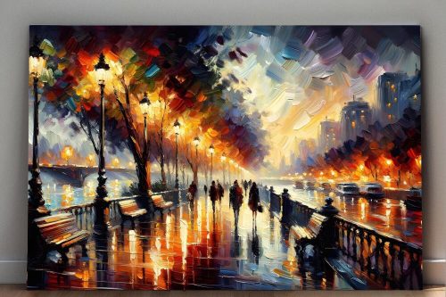 Belebte Uferpromenade bei Nacht – wie Ölgemälde, Digital Art, KI Art