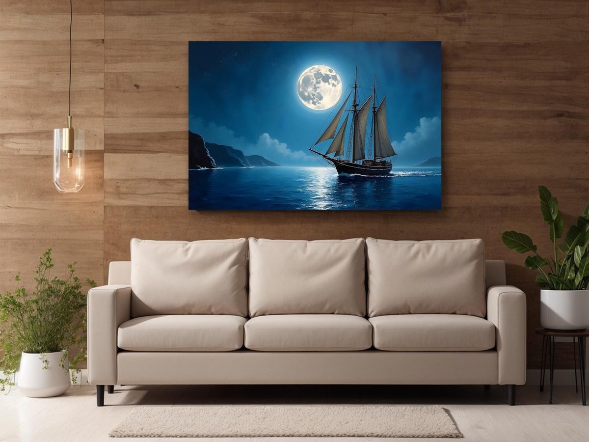 Segelschiff im Mondlicht , Druck auf Leinwand,