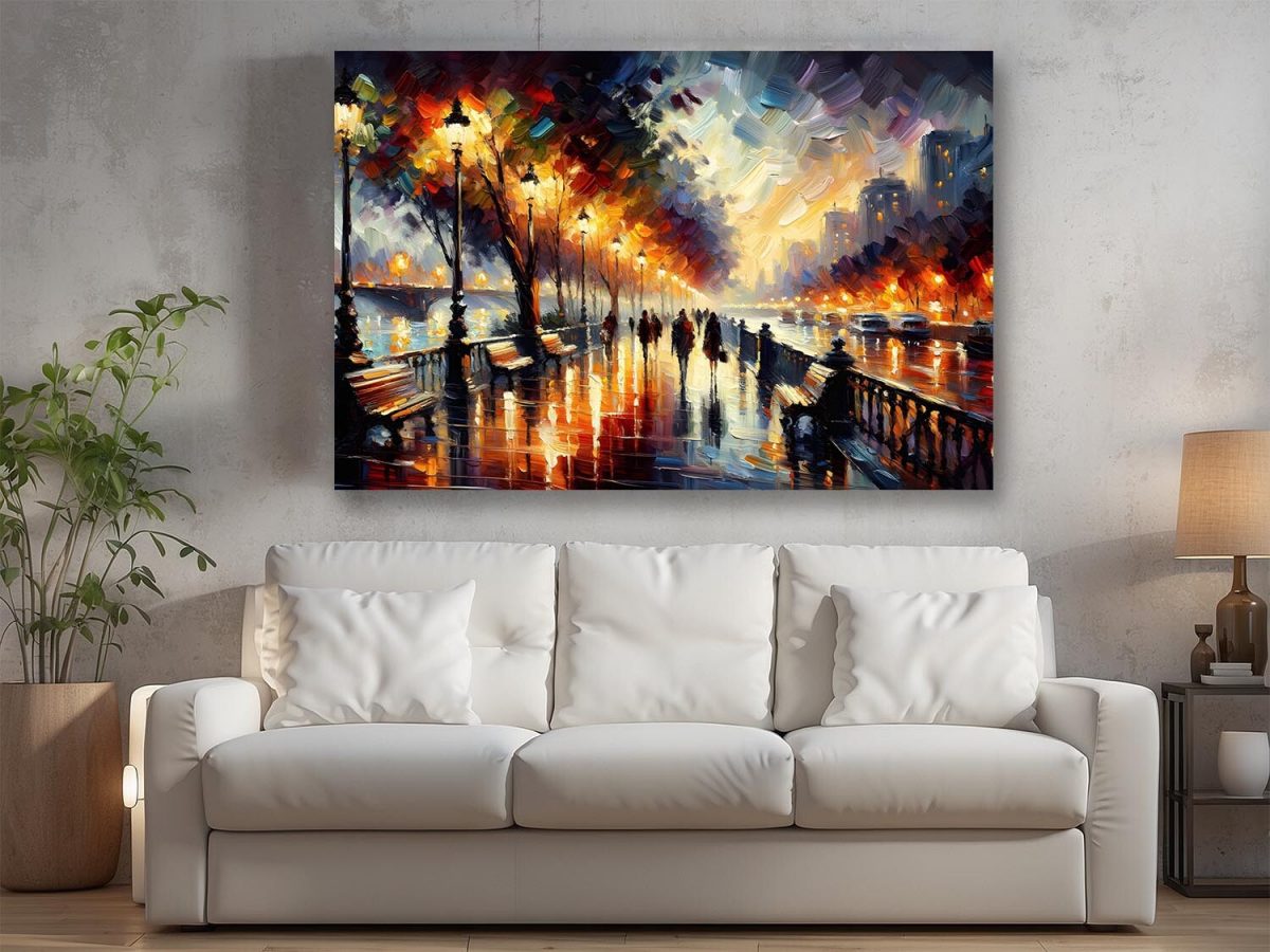 Belebte Uferpromenade bei Nacht – wie Ölgemälde, Digital Art, KI Art