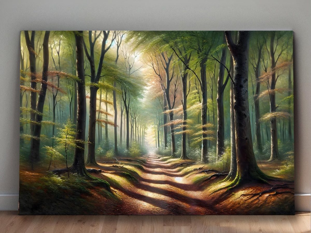 57-523.jpg Verträumter Waldweg in goldenem Morgenlich – wie Ölgemälde, Digital Art, KI Art