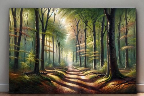 Verträumter Waldweg in goldenem Morgenlich – wie Ölgemälde, Digital Art, KI Art