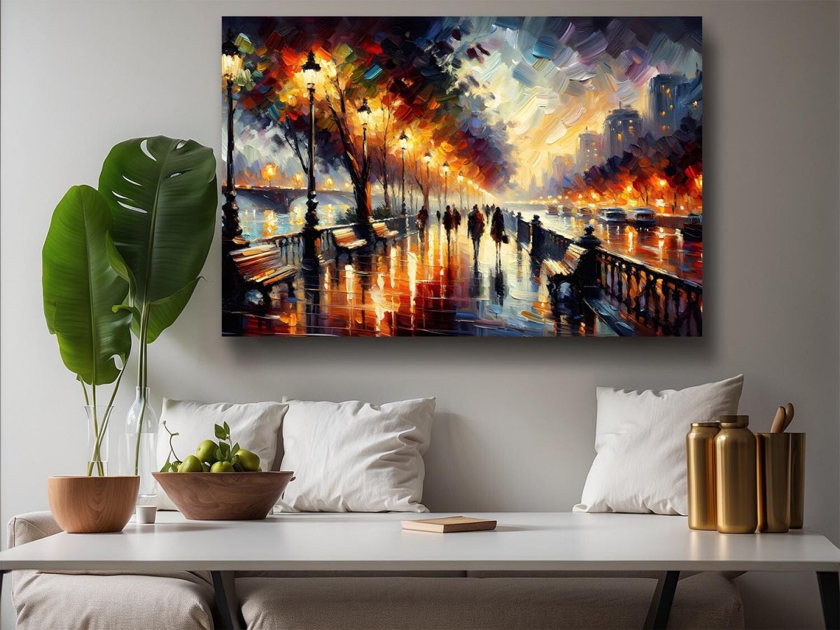 Belebte Uferpromenade bei Nacht – wie Ölgemälde, Digital Art, KI Art