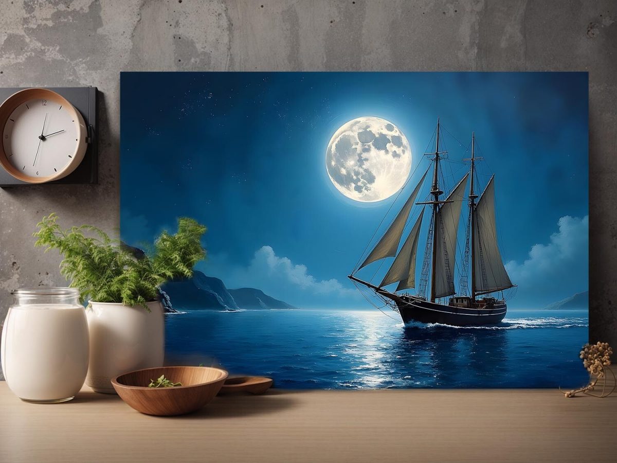 Segelschiff im Mondlicht , Druck auf Leinwand,