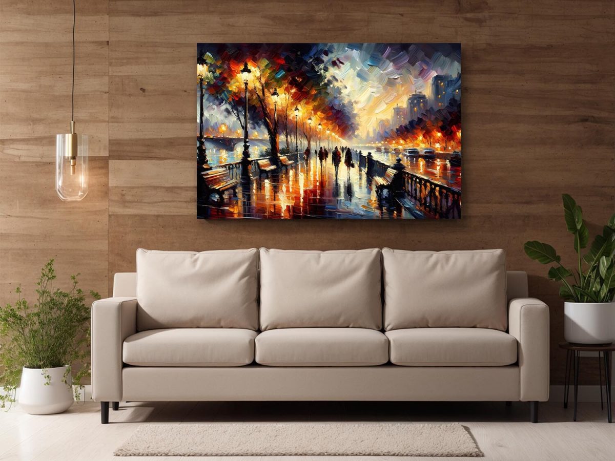 Belebte Uferpromenade bei Nacht – wie Ölgemälde, Digital Art, KI Art