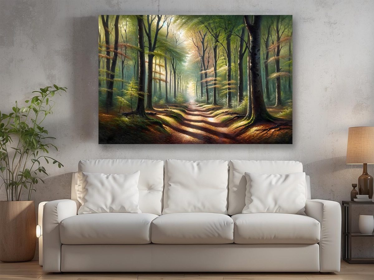 57-528.jpg Verträumter Waldweg in goldenem Morgenlich – wie Ölgemälde, Digital Art, KI Art