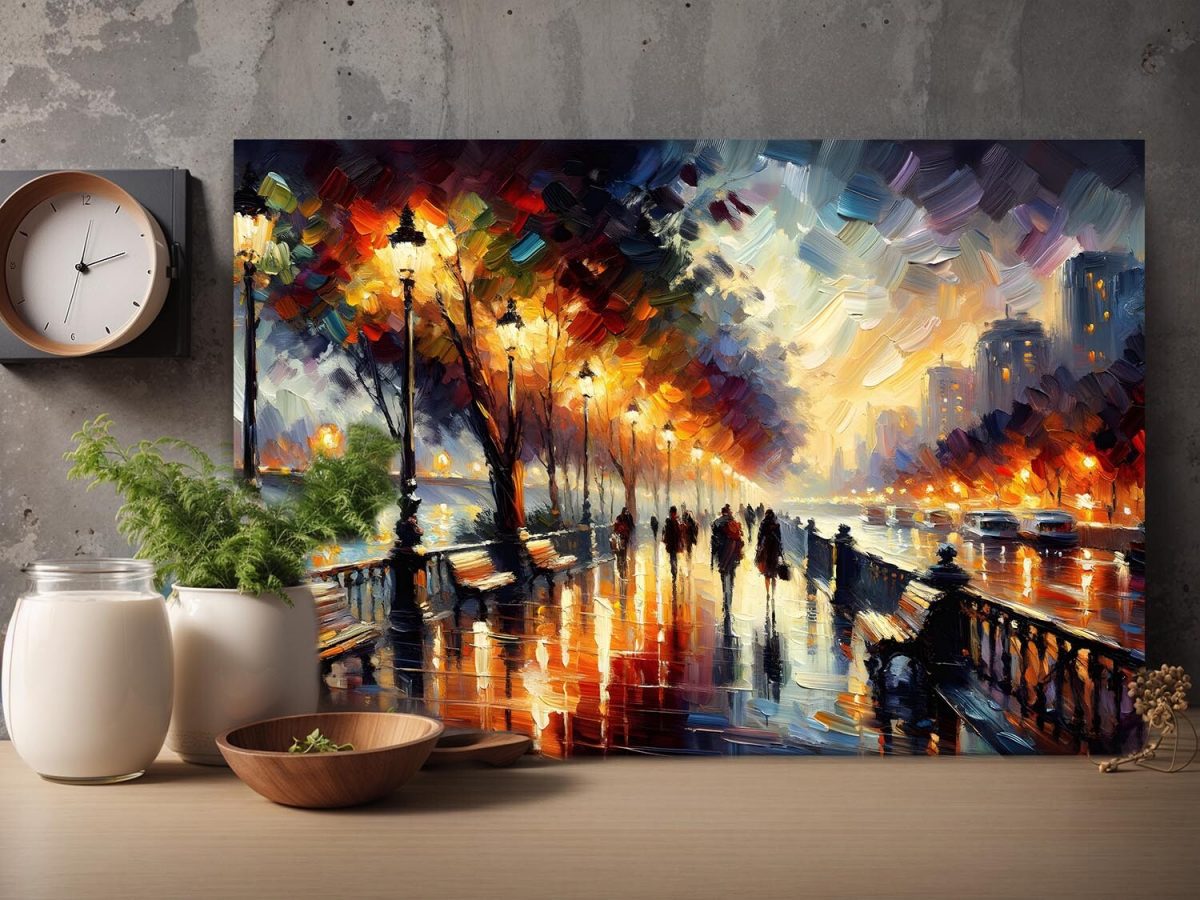 Belebte Uferpromenade bei Nacht – wie Ölgemälde, Digital Art, KI Art