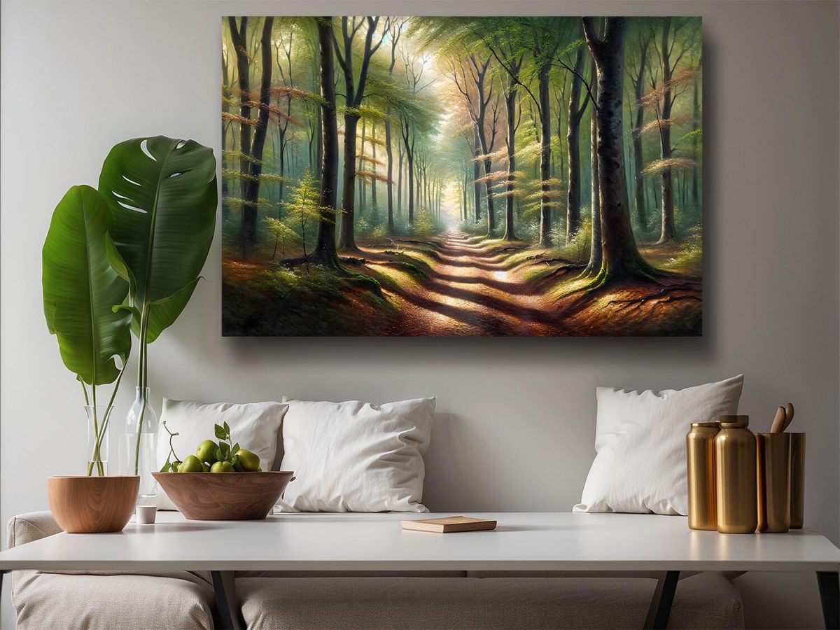 57-530.jpg Verträumter Waldweg in goldenem Morgenlich – wie Ölgemälde, Digital Art, KI Art