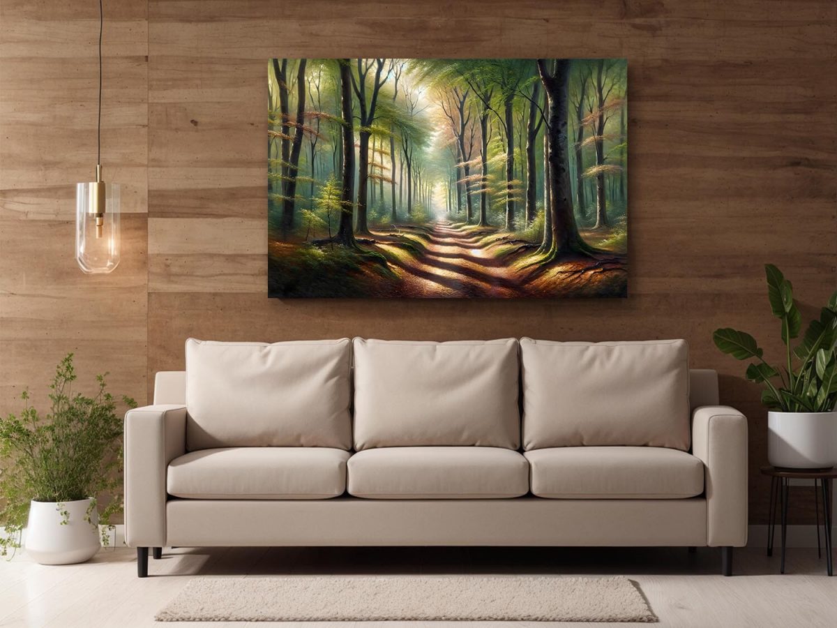 57-532.jpg Verträumter Waldweg in goldenem Morgenlich – wie Ölgemälde, Digital Art, KI Art