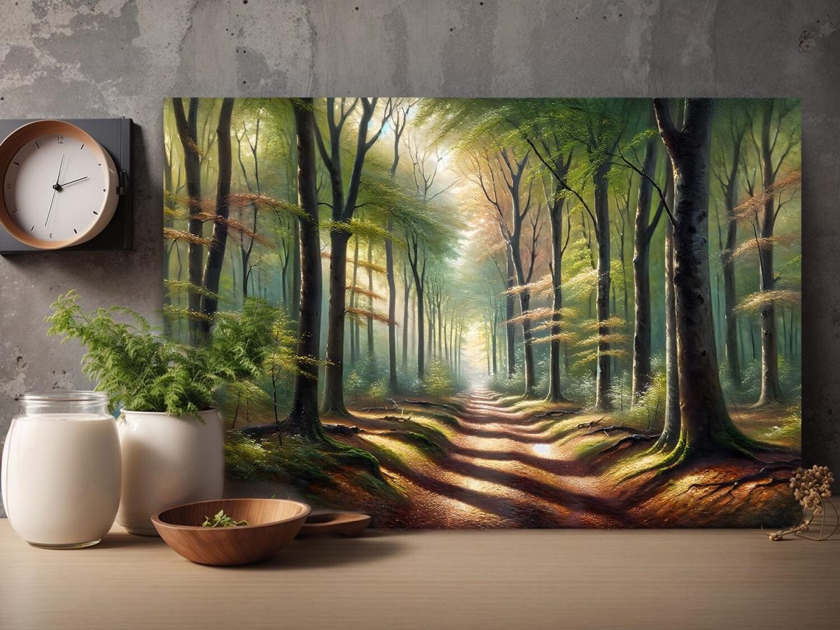 57-535.jpg Verträumter Waldweg in goldenem Morgenlich – wie Ölgemälde, Digital Art, KI Art