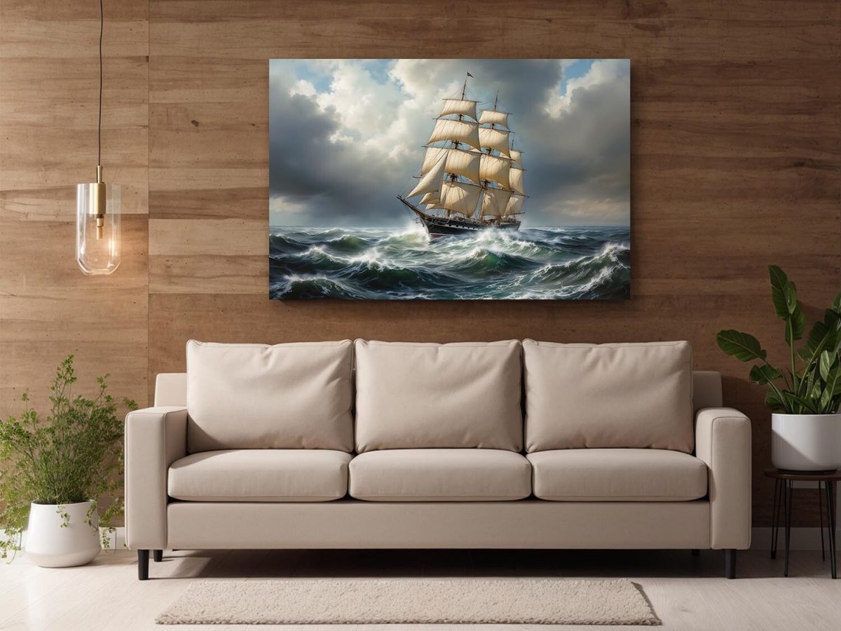 Segelschiff auf stürmischer See unter dramatischem Himmel , Digital Art,