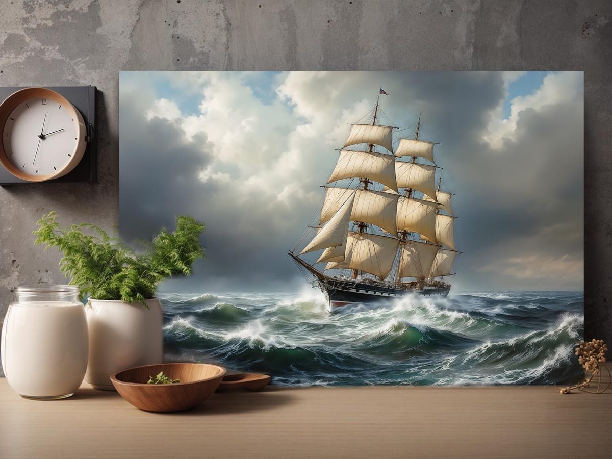 Segelschiff auf stürmischer See unter dramatischem Himmel , Digital Art,